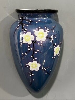 VTG Wall Pocket Japan Hand Paint Vase Ceramic Glossy Blue Floral Jeweltone Decor